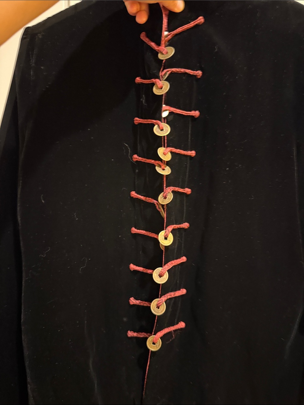 Black Velvet 100% silk Chinese style Blazer with Red Trim and lucky coin - Picture 4 of 10